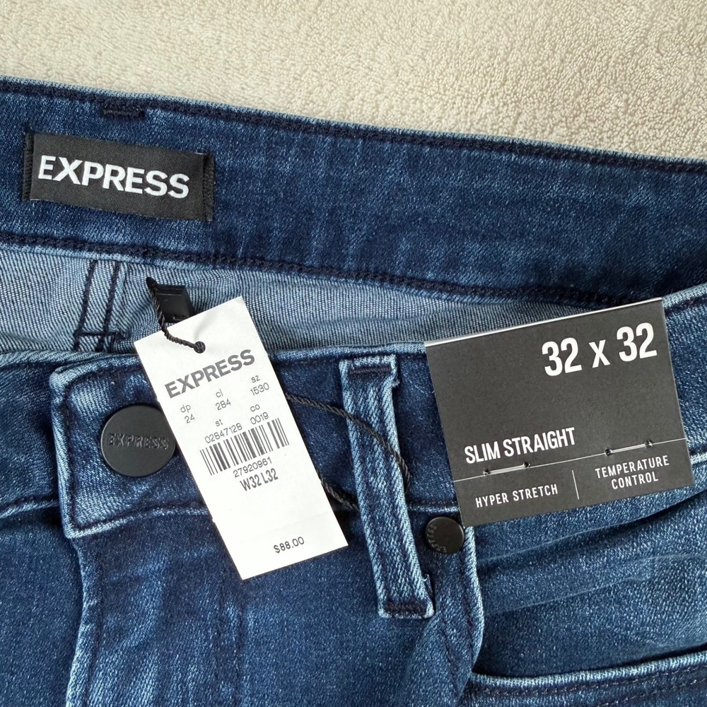 Express Slim Straight Hyper Stretch Jeans Dark Wash Blue 32x32 NWT - Picture 4 of 8